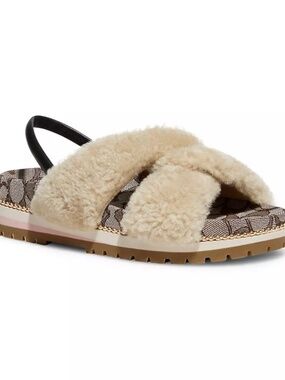 Coach Tally Shearling Crossband Sandal Monogram Footbed Pearl Trim Size 6